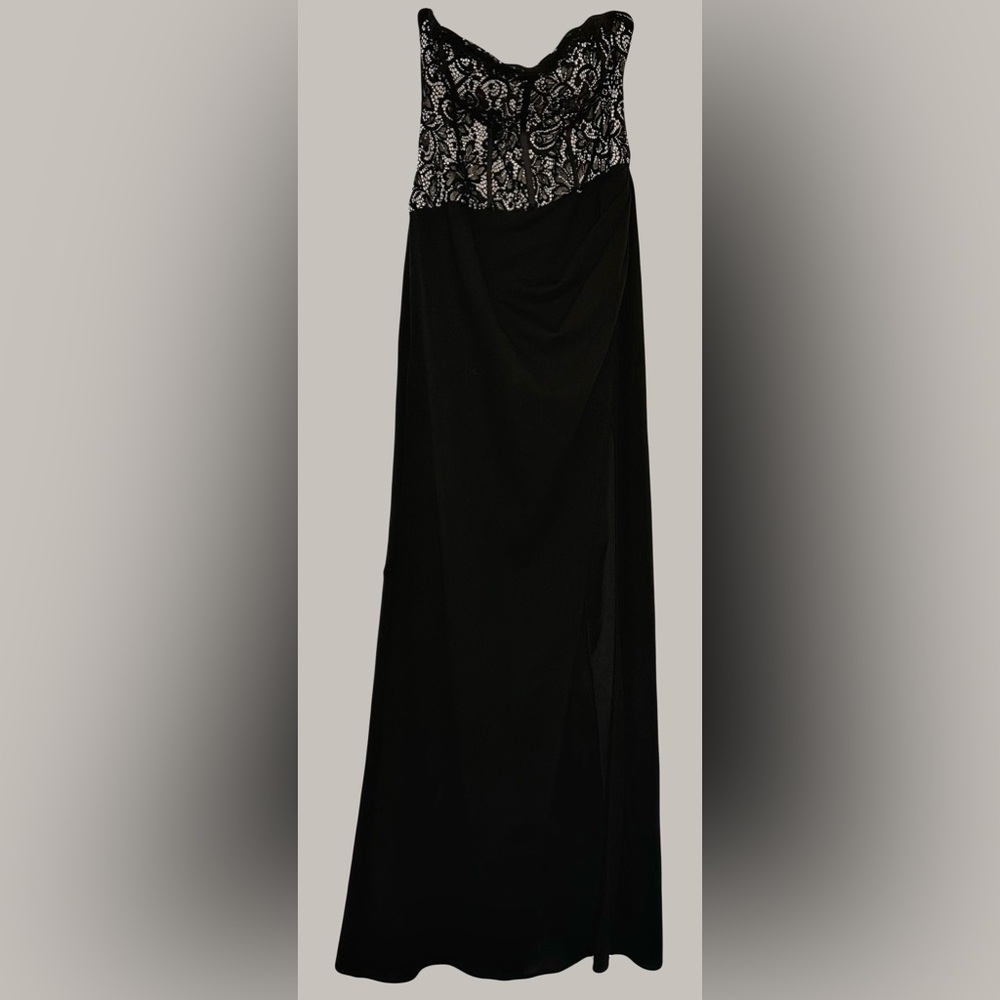 Galina Signature Strapless Floor Length Gown, Black with Lace Bodice, Size 10